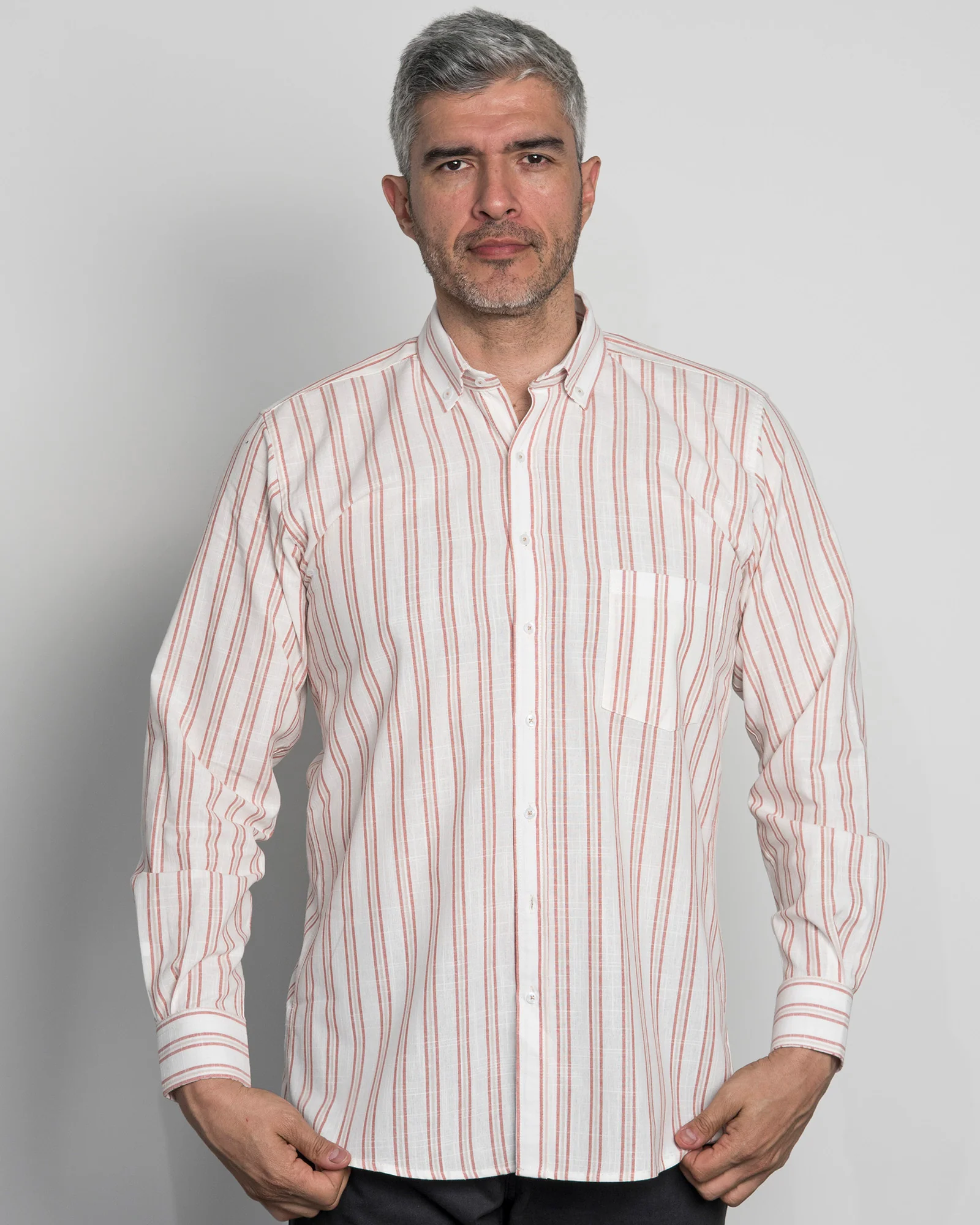 Camisa Algodón Beige Raya Vino Tinto - Image 3