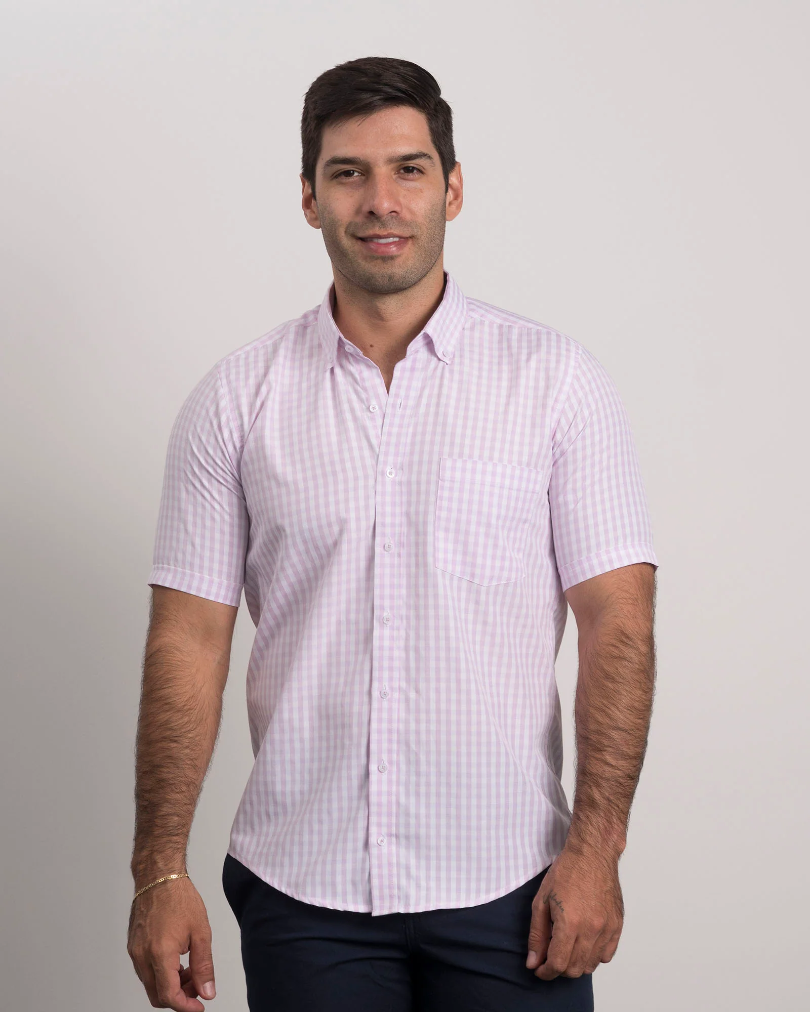Camisa Cuadros Manga Corta Rosada - Image 3