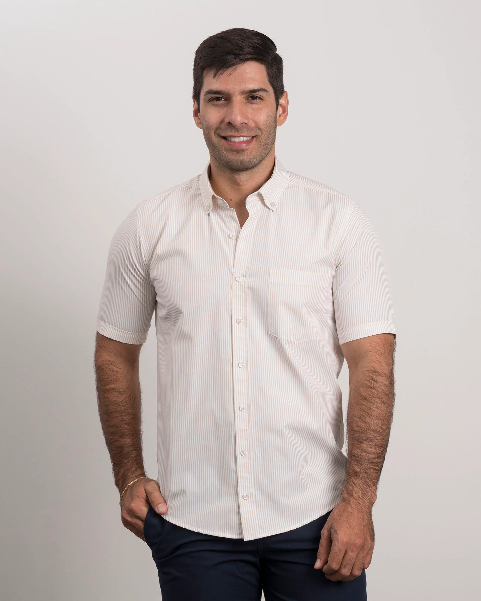 Camisa Rayas Manga Corta Beige1 - Image 3