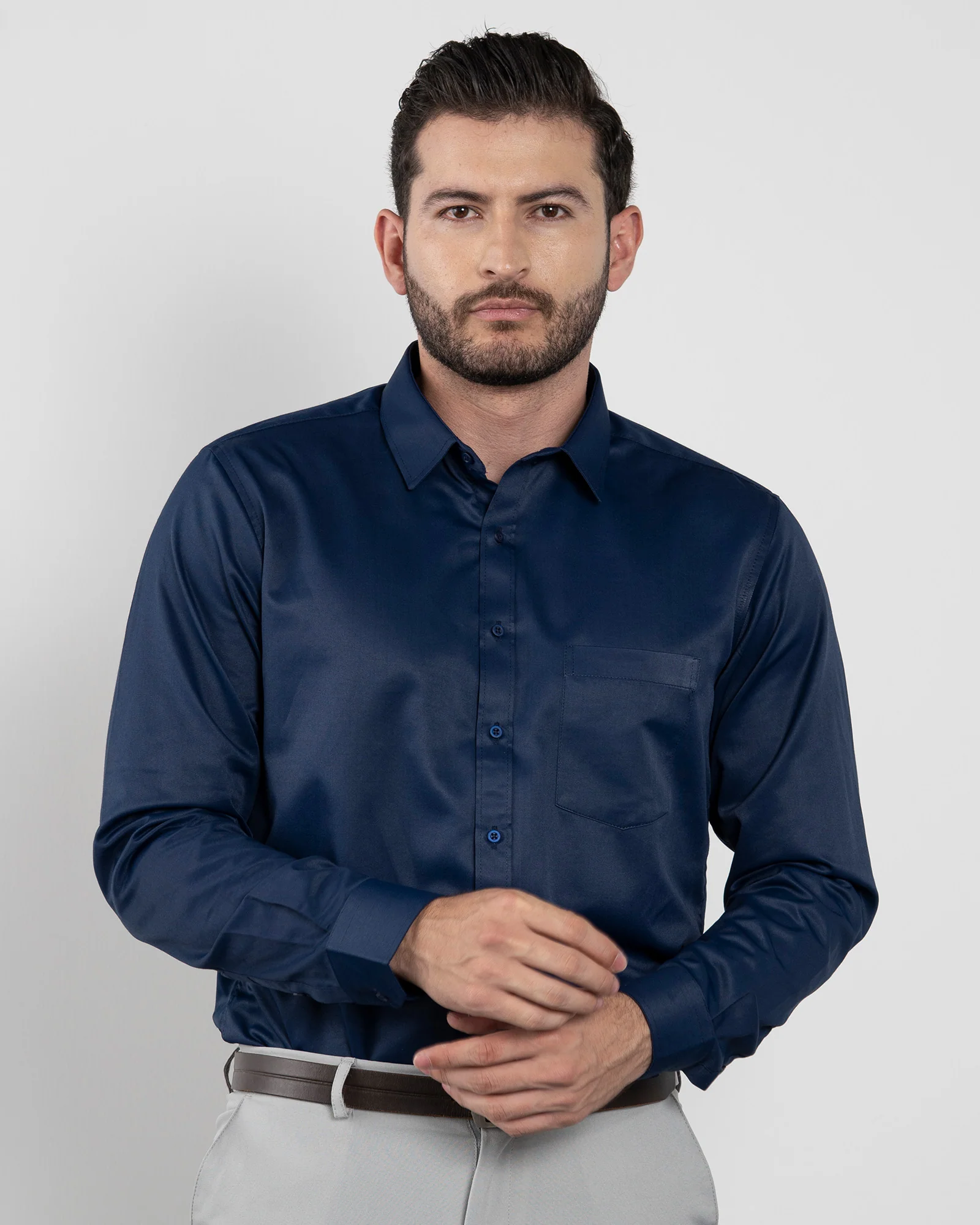 Camisa Formal Satín Azul Oscura - Image 3
